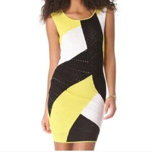 Catherine Malandrino Size P 0/2 Yellow Black White Pointelle Bodycon Knit‎ Dress